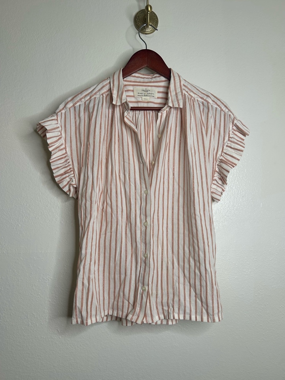 Trovata Marianne B Ruffle Sleeve Cotton Striped Button Down Short Sleeve Shirt